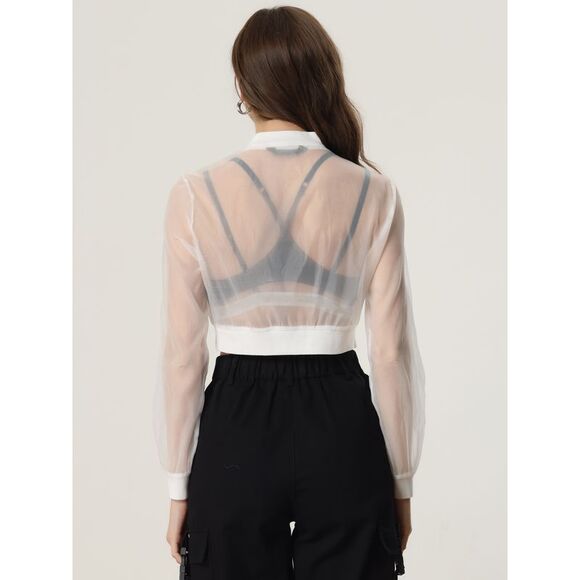 Bomber Jacket Long Sleeve Crop Mesh Sheer Jackets White - Picture 3 of 6